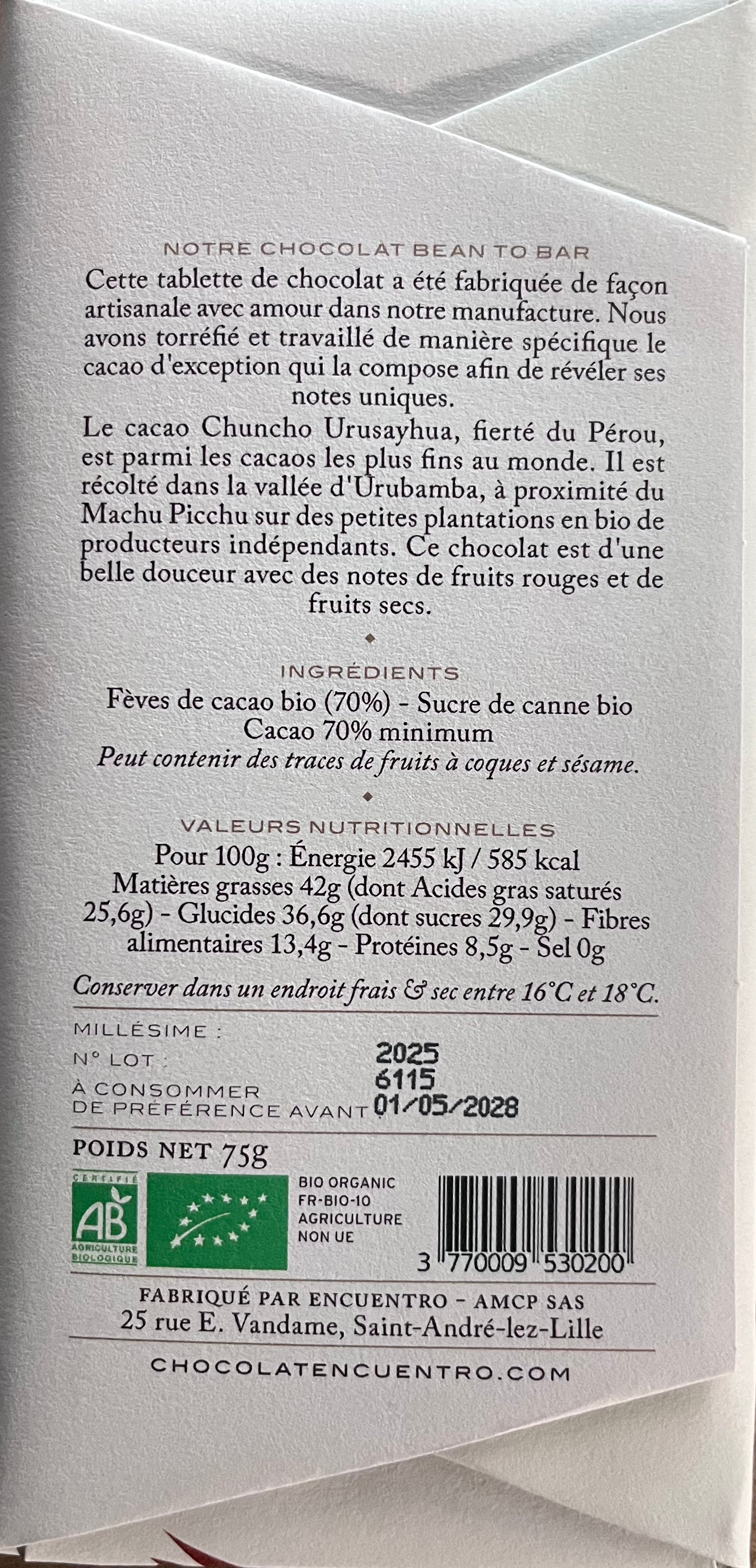 Chocolat Encuentro Pérou Chuncho Urusayhua BIO