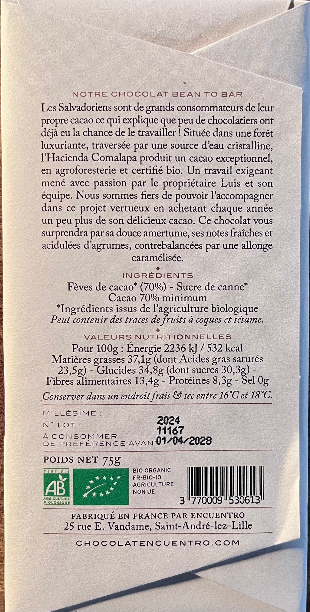 Chocolat Encuentro 70 % El Salvador Hacienda Comalapa Bio