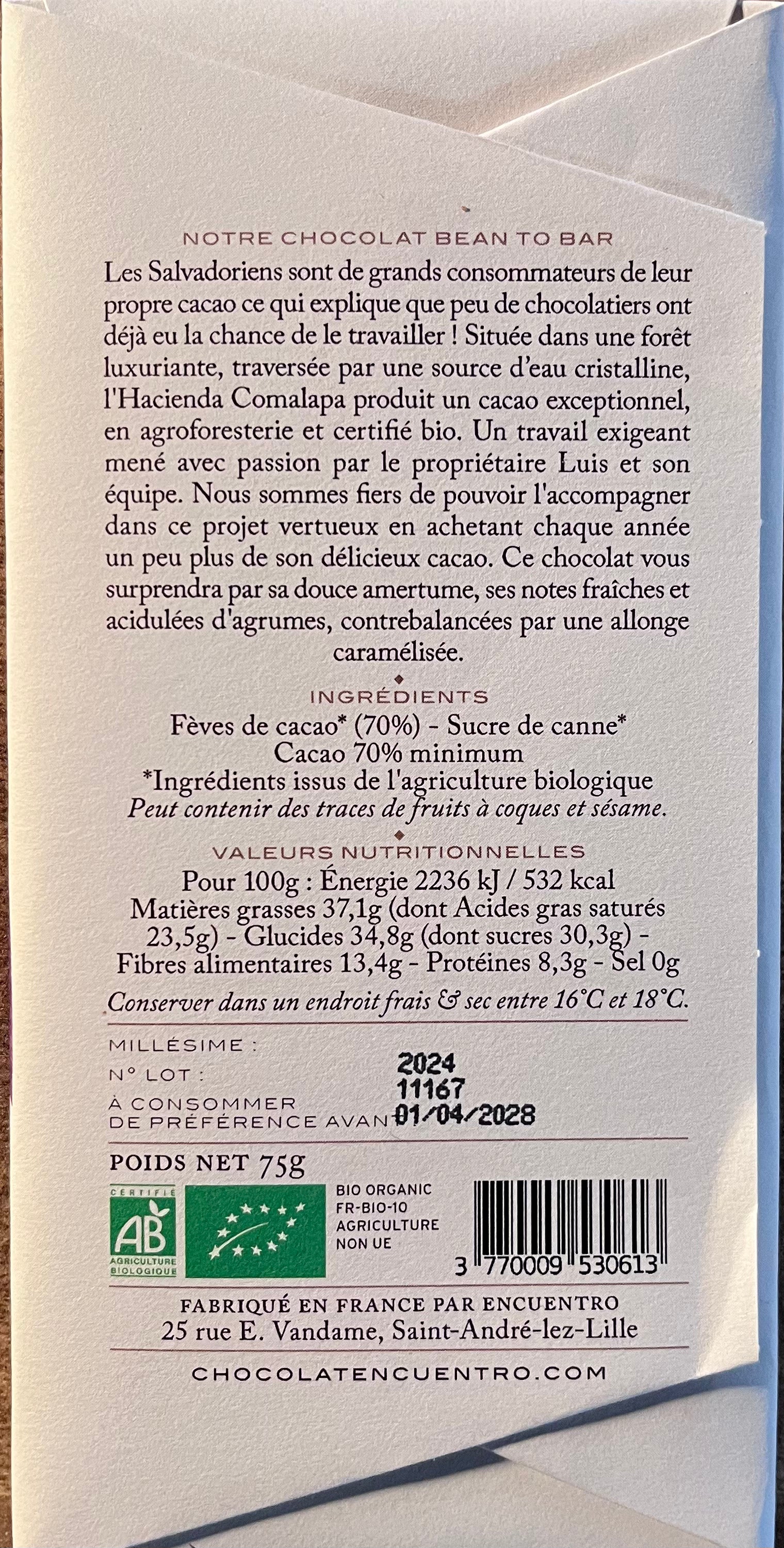 Chocolat Encuentro 70 % El Salvador Hacienda Comalapa Bio